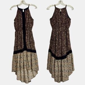 Boho Hi Low Halter Dress XS Brown Floral Dark Prairie Earthy Whimsigoth Hippie